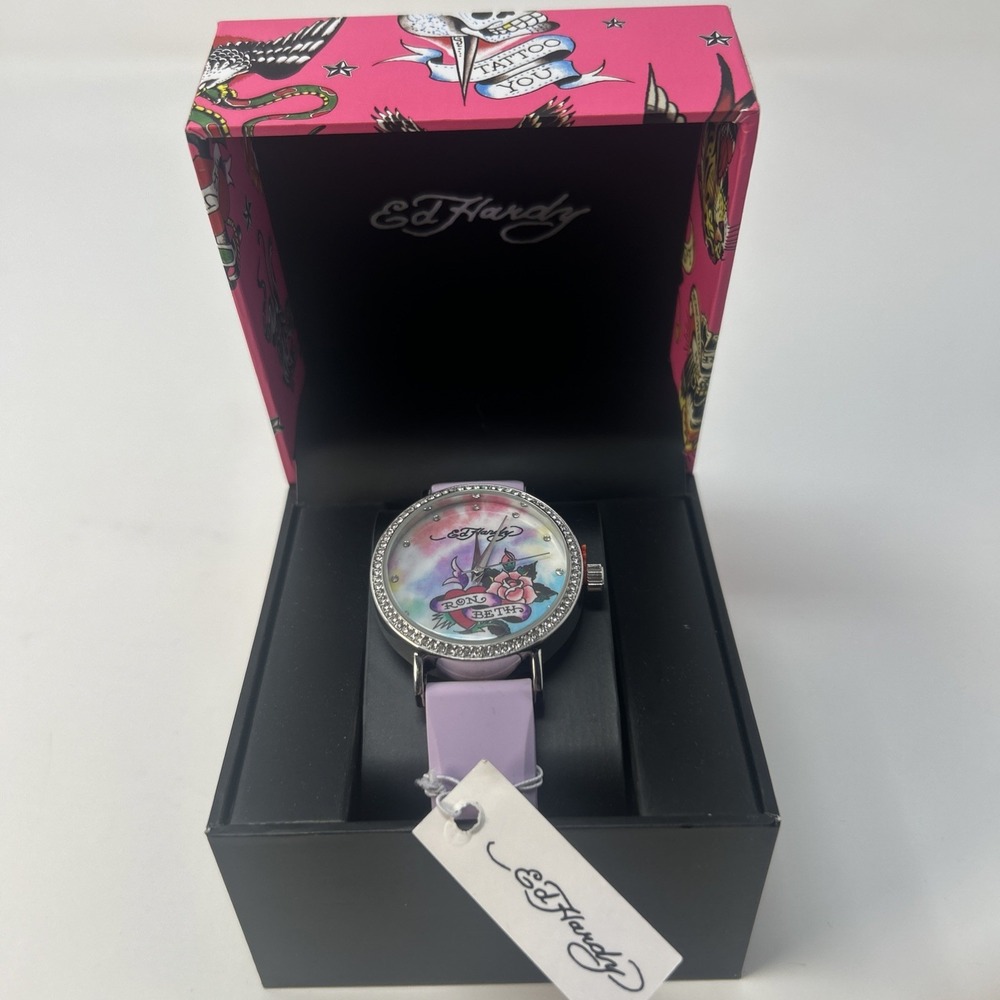 NIB Ed Hardy Women's Quartz Light Purple Silicone Strap Watch Y2K Tattoo Detail